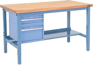 Global Industrial Workbench - Maple Butcher Block Square Edge with Drawers & Lower Shelf, 60" W X 30" D, Blue
