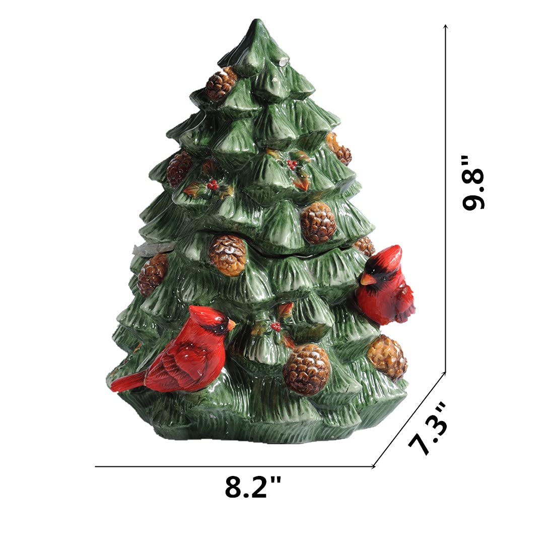 Forlong Ceramic Cookie Jar, Christmas Tree with Cardinal Bird, 8.2 x 7.3 x 9.8 Inches