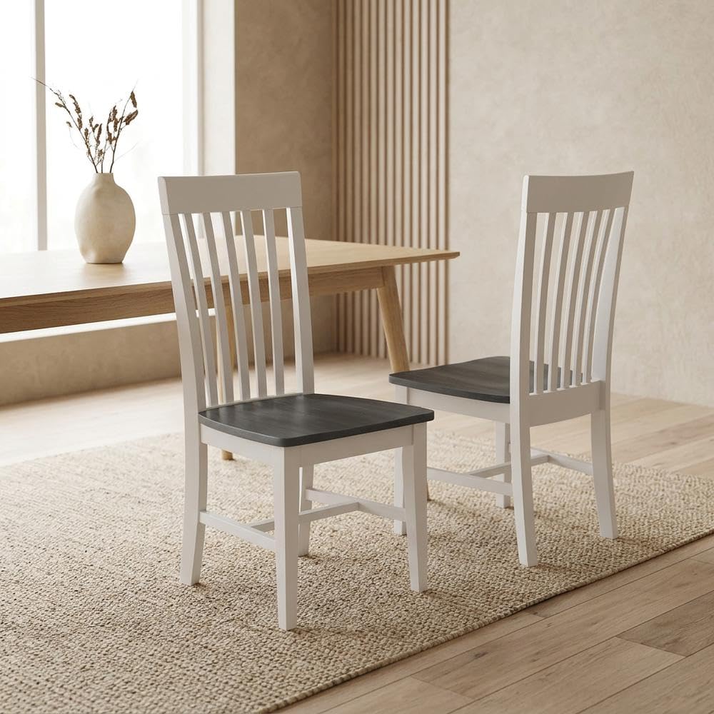 Solid Wood Dining Chair with Tall Mission-Style Back by Furnifact – Wood, White and Heather Gray, Pack of 2