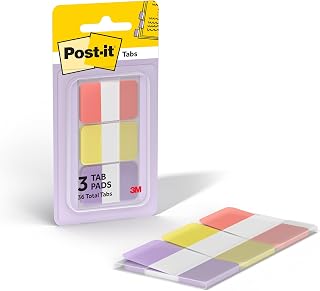 Post-it Sticky Tabs, 1 x 1.5 in, Warm Pastels, 3 Pads, 36 Tabs Total