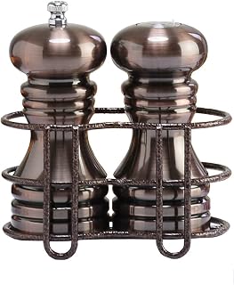 Chef Specialties 5 Inch Burnished Copper Pepper Mill and Salt Shaker with Rack