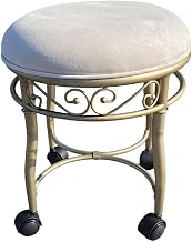 Furnifact Hand-Painted Metal Bedroom Vanity Stool with Micro Suede Cushion and Casters, Makeup Chair Vanity Seat for Bathroom Desk, Silver, Cream