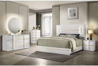 Florence White/Gold Sleek Platform 5-Piece Bedroom Set, King