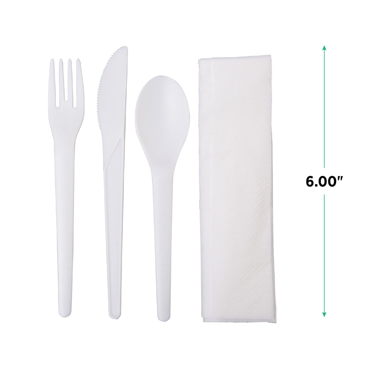 Eco-Products Compostable CPLA 6" Plastic Utensil Set – Wrapped Plantware Cutlery, Case of 250, White Disposable Knife, Fork, Spoon, and Napkin, Renewable Material Made from Plants, Sturdy and Strong