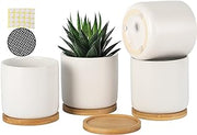 4 Inch Ceramic Plant Pot with Saucer, White Planters Pots with Drainage Hole and Mesh Pads for Succulent, Snake, Cactus, Herbs - 4 Packs(Plant Not Included)