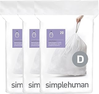 simplehuman Code D 60 Count, Dispenser Pack Custom Fit Liners, Drawstring Trash Bags, 20 Liter / 5.3 Gallon, White