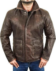 Men's Genuine Lambskin Leather Jacket - Distressed Brown Waxed Real Leather Field Coat, Shirt Collar with Buckle Straps