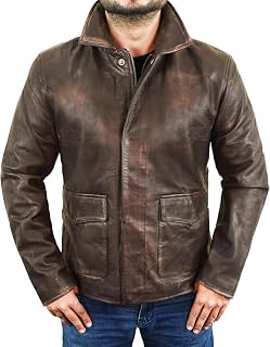 Men's Genuine Lambskin Leather Jacket - Distressed Brown Waxed Real Leather Field Coat, Shirt Collar with Buckle Straps