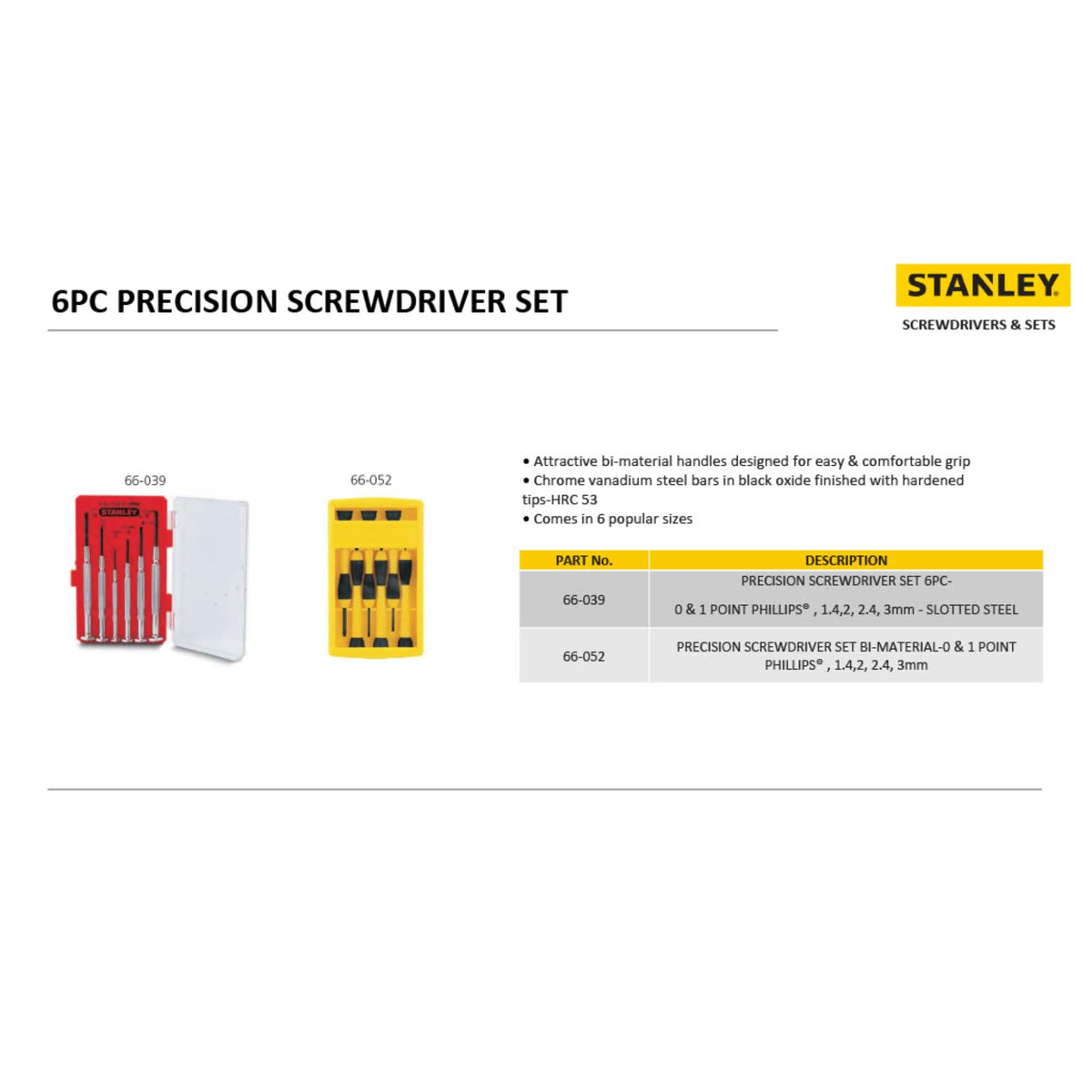 ® 6-Piece Precision Screwdriver Set by STANLEY – 66-052, Bamboo, Yellow, Pack of 6, Model 66-052
