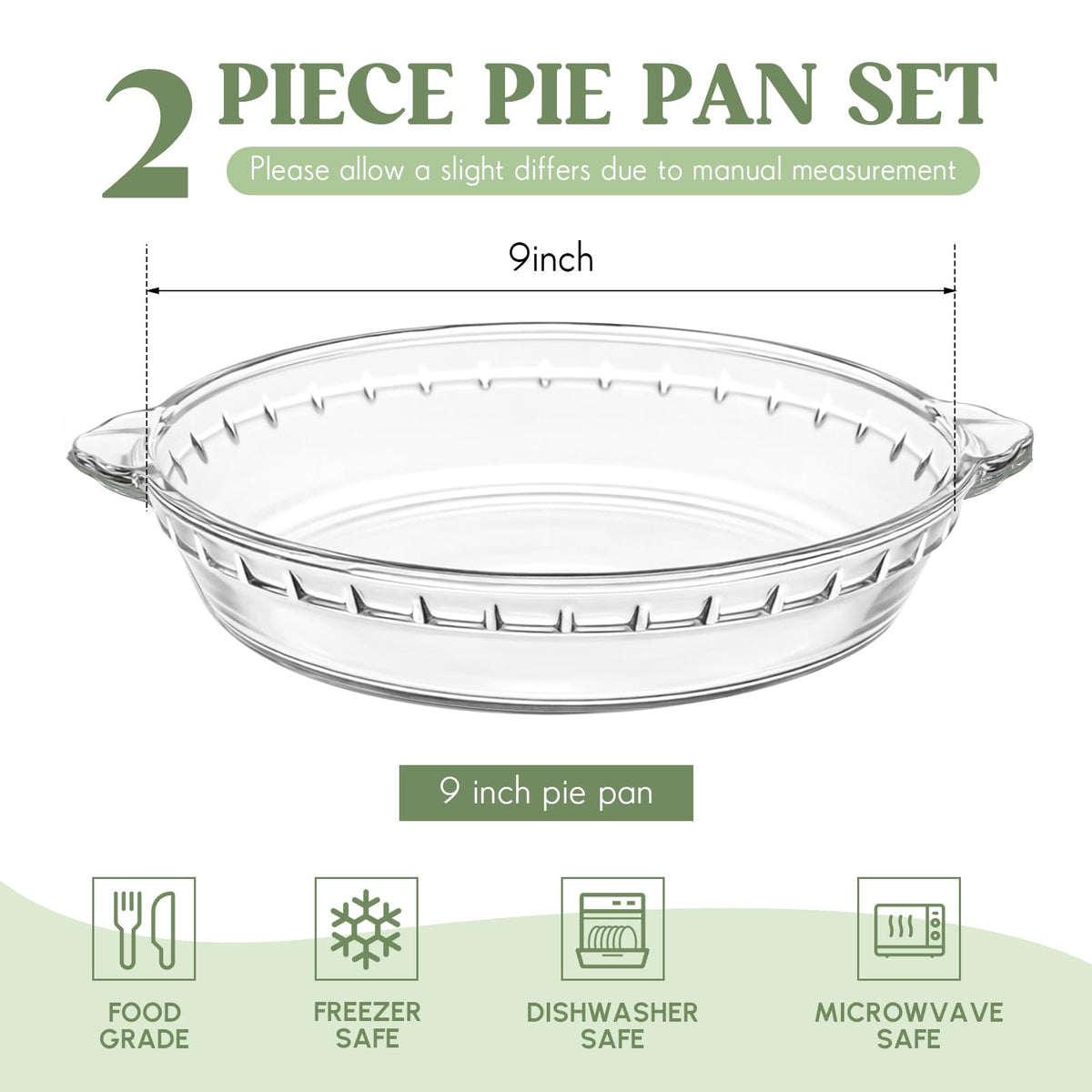 Uiifan Mini Glass Pie Pan, 9 Inch Clear Baking Dish with Handles, Set of 2