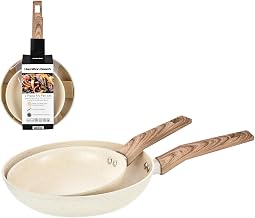 Hamilton Beach 2pc Forged Aluminum Frying Pan Set, 8 and 10 Inch Beige Marble Ceramic Nonstick Skillets, Scratch Resistant Stone Coating with Felt Protector
