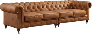 Starlight Canyon Home Leather-Upholstered Chesterfield Sofa with Solid Wood Legs, Tufted Couch for Living Room, Light Brown