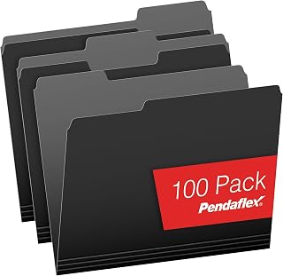Pendaflex Letter Size Black File Folders, 1/3-cut Tab - 100 Pack | Black file folders for a home office or classroom, on 100% recycled fiber paper with a light interior that shows a label.