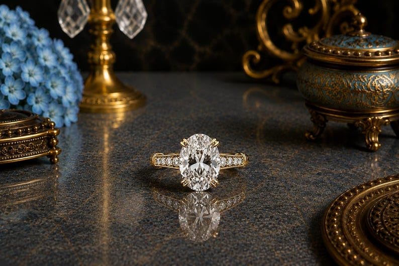 IshaanJewel 2 Ct Oval Cut Diamond Channel Set Half Eternity Vintage Engagement Ring For Women For Women 14K Yellow Gold Plated Wedding Ring 925 Sterling Silver Handmade Women