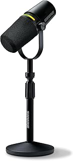Shure MV7+ USB-C & XLR Podcast Dynamic Mic with Stand - Black | OBS-certified USB-C and XLR dynamic mic with stand, LED touch panel, auto level and pop filter for podcasting