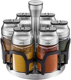 GEFU KIPPO Spice Carousel 7-Piece Borosilicate Glass & Stainless Steel Rotating Set with 6 Shakers + Lid Aroma Protection for Herbs and Spices
