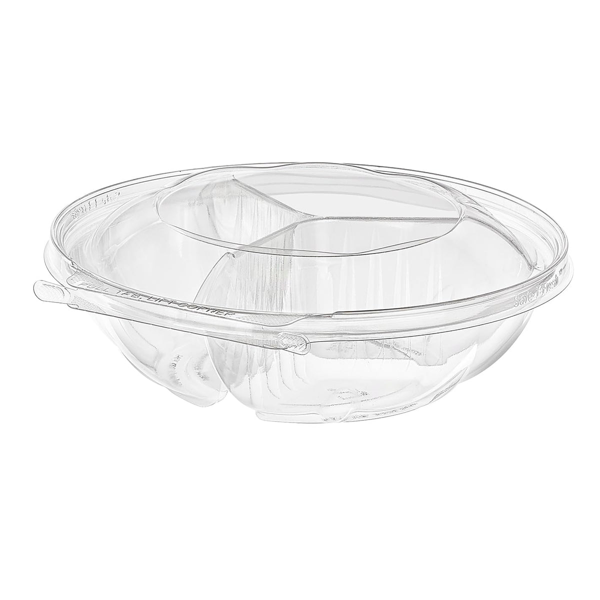 Inline Plastics TS52R3N Deli Container Hinged With Dome Lid 52 OZ 3 Compartment RPET Clear Round 100/Case