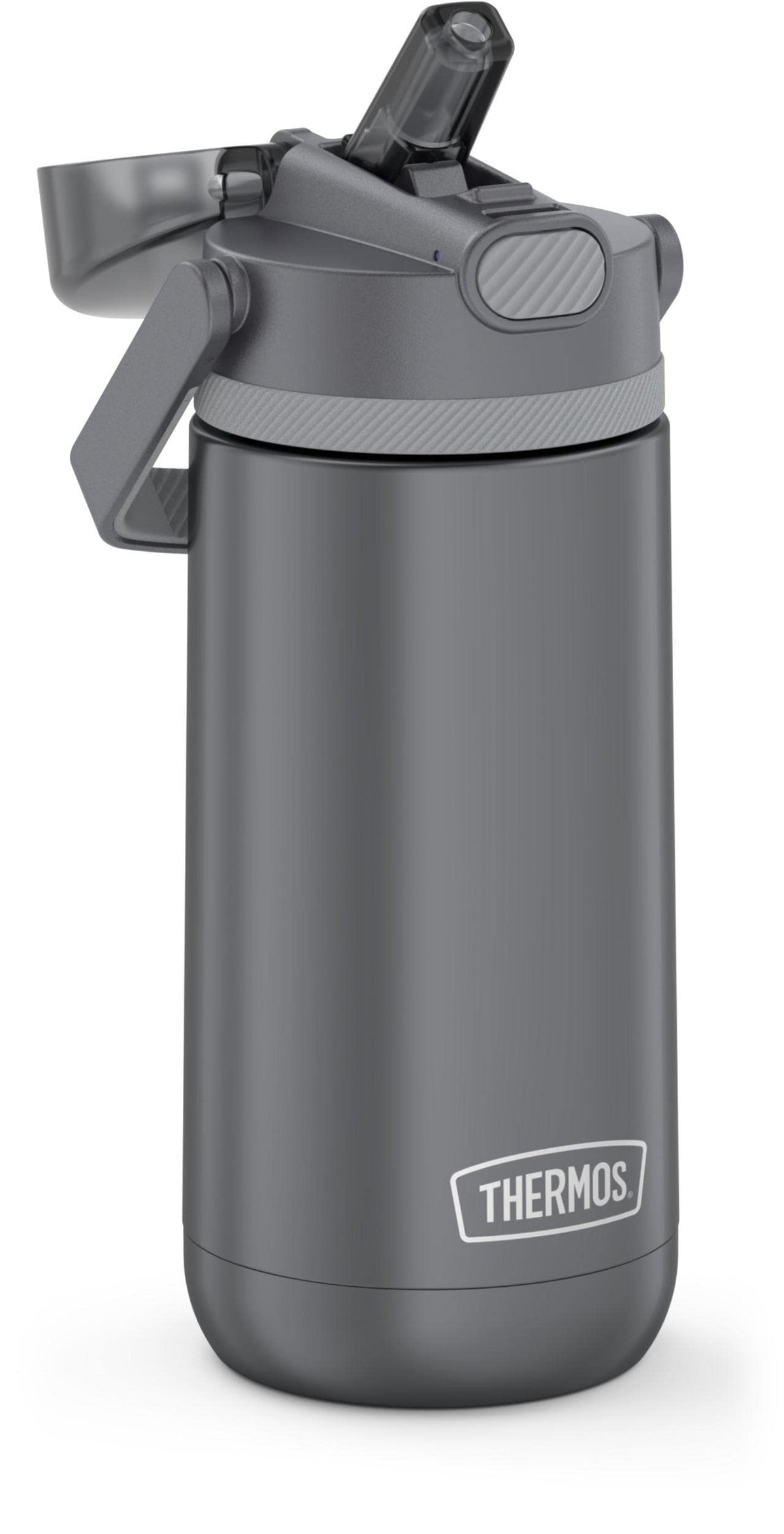FUNTAINER 14 Ounce Stainless Steel Vacuum Insulated Kids Straw Bottle with Flip-up Straw by THERMOS – 12 Ounces, Stainless Steel, Gray, Model TS4350GY6