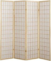FurniFact Natural 4-Panel Wood Room Divider, Folding Privacy Screen, Rice Paper Panels, Oriental Style, 71 Inch Tall, Freestanding
