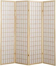 FurniFact Natural 4-Panel Wood Room Divider, Folding Privacy Screen, Rice Paper Panels, Oriental Style, 71 Inch Tall, Freestanding