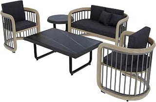 Klyra 5-Piece Patio Conversation Set – Modern Outdoor Aluminum Furniture Sofa & Barrel Accent Chairs – Weather Resistant Grey Olefin Cushions – Rust-Proof Metal Sectional Set for Garden, Balcony, Deck