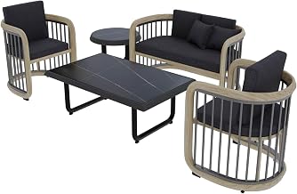 Klyra 5-Piece Patio Conversation Set – Modern Outdoor Aluminum Furniture Sofa & Barrel Accent Chairs – Weather Resistant Grey Olefin Cushions – Rust-Proof Metal Sectional Set for Garden, Balcony, Deck