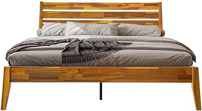 Queen Size Platform Bed Frame with Headboard & Footboard, Centre Metal Legs, 12 Solid Wood Sturdy Slatted Base, No Box Spring Needed, Easy Assembly, Anti-Noise & Slip-Free, Acacia Honey Finish. RKQ-38