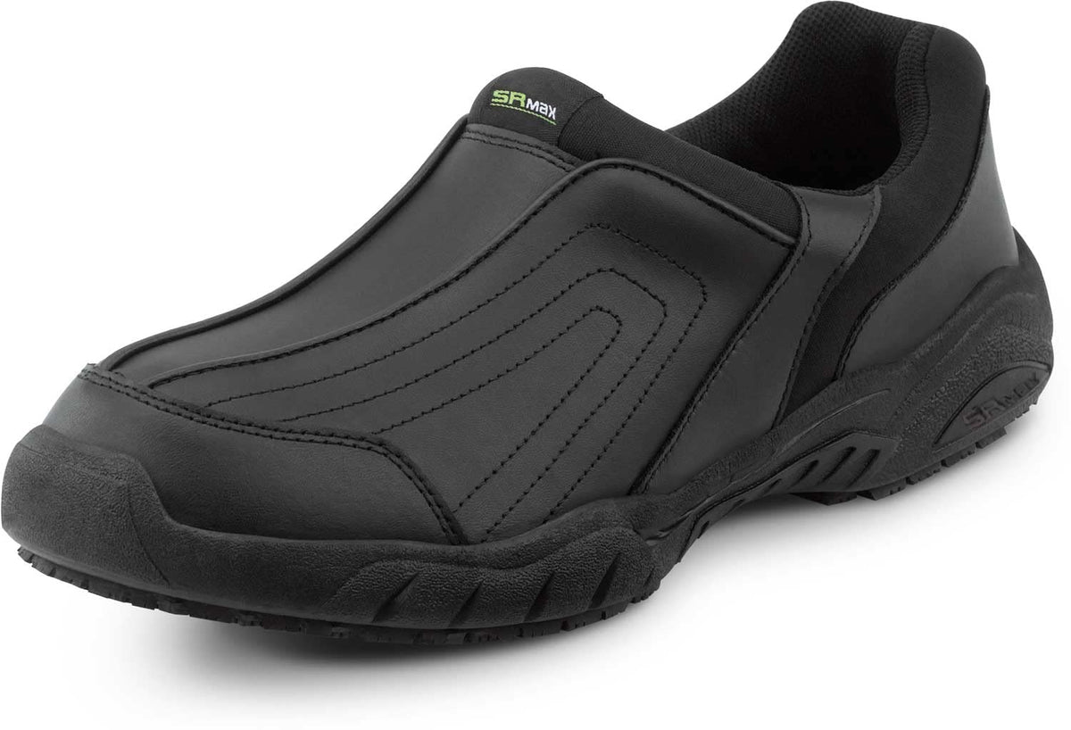 Womens Black Charlotte MaxTrax Soft Toe SRO Slip-On Athletic 7.0 M by SR Max – 7, Leather, Black, Model SRM140