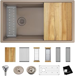 Elkay ELXRU13322W Quartz Luxe 33" Undermount Single Basin Quartz Composite Workstation Kitchen Sink with Basin Rack, Colander and Cutting Board - Sandstone