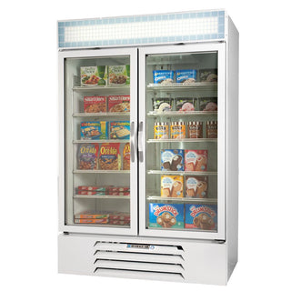 Beverage-Air MMF49-1-W-LED MarketMax 52" Two Section Glass Door Reach-In Merchandiser Freezer with LED Lighting 49 cu.ft. Capacity White Exterior and Bottom Mounted by Beverage
