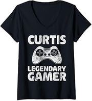 Womens Personalized Legendary Gamer Shirt Curtis Name Video Gamer V-Neck T-Shirt