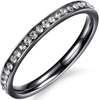 Women 2mm Titanium Stainless Steel Channel Set Cubic Zirconia CZ Inlay Black Wedding Ring Engagement Band