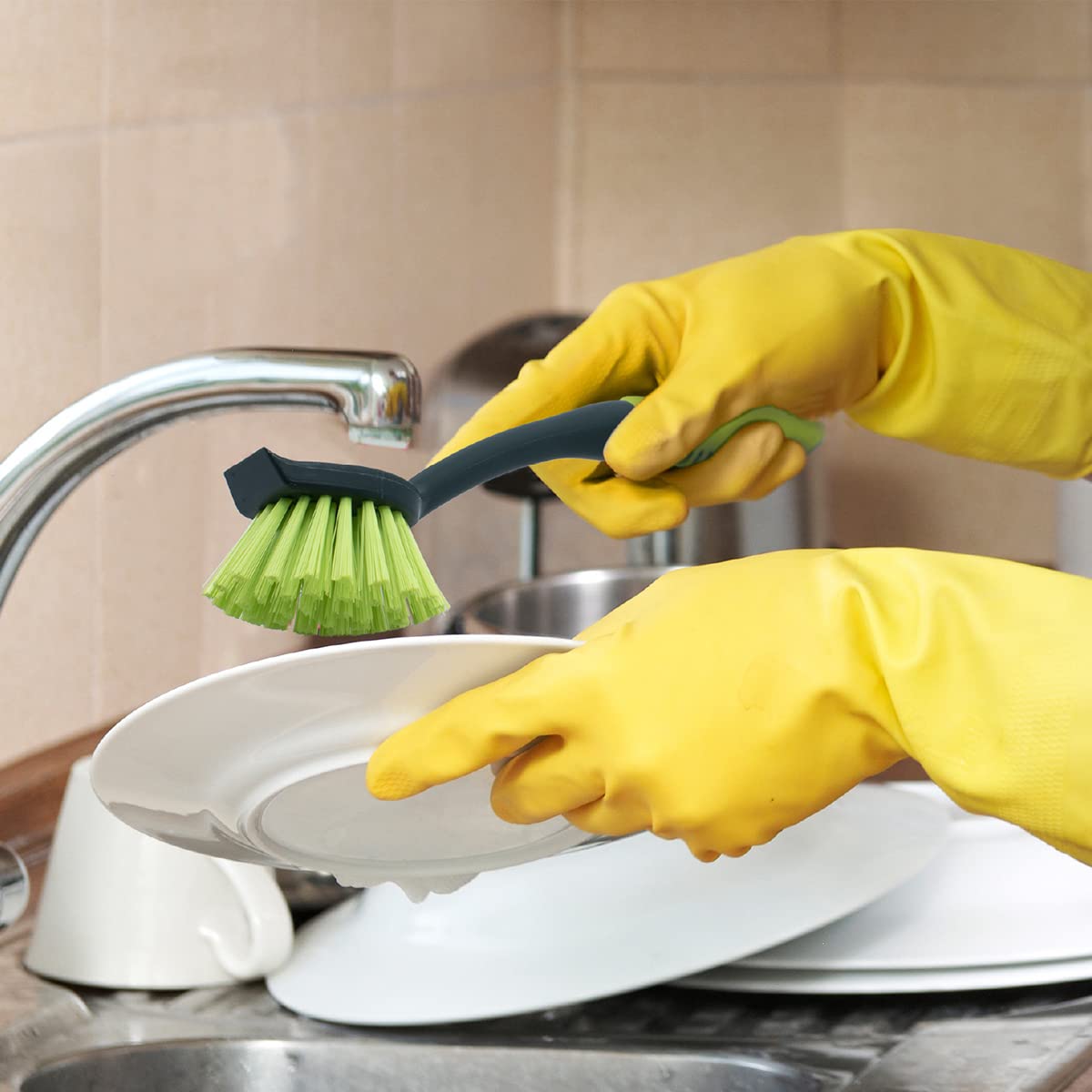 Scrub Brush Set - Long Handle Cleaning Brushes with Heavy Duty Bristles and Comfort Grip - Scrubbers for Kitchen by Pine-Sol – 5 Piece Set, Nylon, Green, Model Pine-Sol