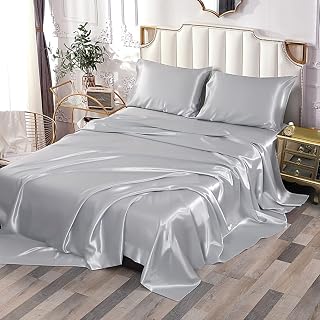 Premium High Thread Counts-4-Pcs Satin Bed Sheet Set Silky & Smooth Bedding Set Ultimate Breathable Bed Cover Silver King Size, Fits Mattress Easily 12" Deep Pocket