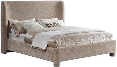 Starlight Canyon Home Chenille-Upholstered Platform Bed with Curved Wingback Headboard, Queen Bed Frame Fully Upholstered, Beige Chenille Fabric