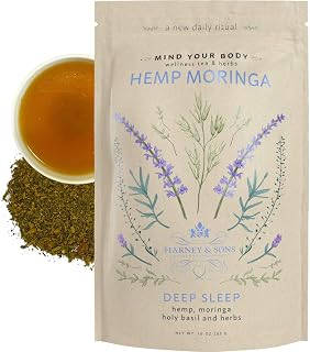 Harney & Sons Hemp Moringa, Deep Sleep Wellness Blend | Caffeine-free herbal blend with hemp leaves, moringa, turmeric, holy basil, and goji berries.