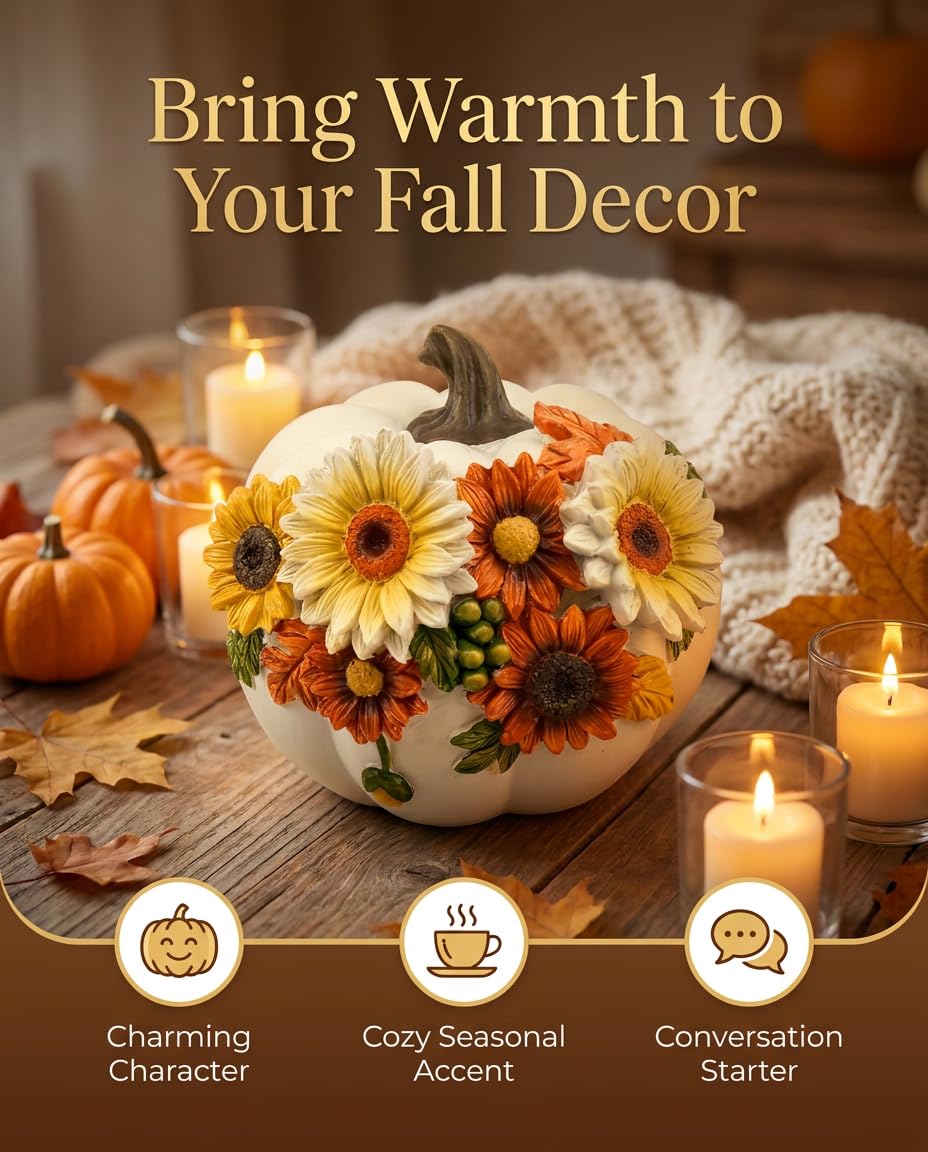 iStatue Floral Pumpkin Figurine, Hand Painted Resin, Small