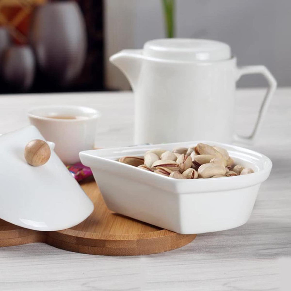 Yarlung Ceramic Divided Serving Set with Lids, 5 Removable Bowls on 10-Inch Bamboo Platter, Brown White