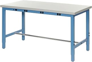 Global Industrial Adjustable Height Workbench, Power Apron, 96" W x 30" D | 1-5/8" Thick Plastic Laminate Square Edge, 5000 Lbs Capacity, Blue, Assembly Required