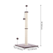 Rylie 38" Farmhouse Sisal Pillar Cat Scratching Post with Fuzzy Toys and Spring Balls by THE LICKER STORE – Plush/Sisal Rope, Gray/Cream, Model CTR1010A