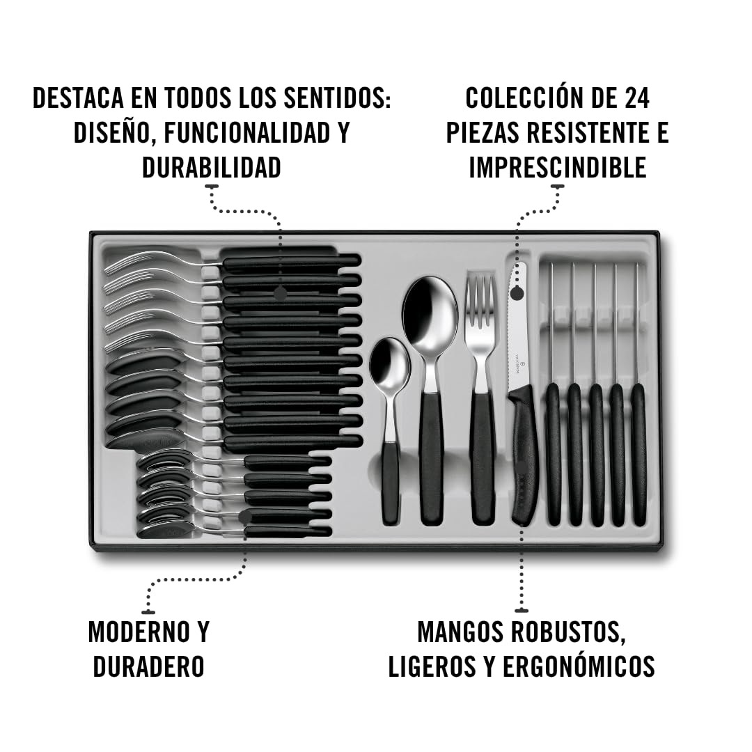Table Set Swiss Classic with Tomato Knife 24 Pieces by Victorinox – 30 x 5 x 5 cm, Stainless Steel, Black, Pack of 24, Model 6.7833.24