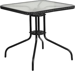 Flash Furniture 28 in Tempered Glass Square Table, Black | Black Rattan Edging