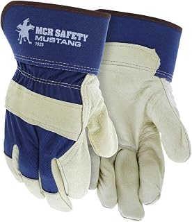 MCR Safety 1925L Snort-N-Boar Grain Pigskin Leather Palm Gloves with 2-1/2-Inch Rubberized Cuffs, Blue/Tan, Large, 1-Pair