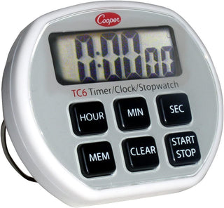 Atkins Digital Timer / Clock / Stopwatch with Splashproof Case by Cooper – 2.75" x 2.375" x .75", Plastic, Silver, Model TC6-0-8