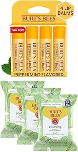 Burt's Bees Bundle - Original Beeswax Lip Balm, 4 Tubes, 0.15 oz. + Aloe Vera Face Wipes, for Sensitive Skin, Makeup Remover & Facial Cleansing Towelettes, 30 Ct. (3-Pack)