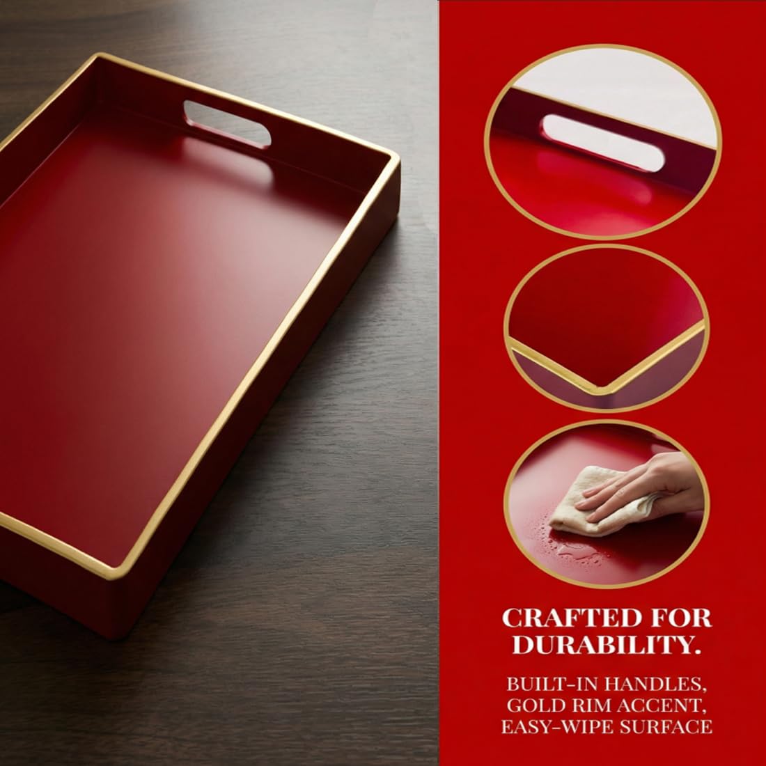 Umisriro Decorative Serving Tray, Plastic Rectangular with Handles, Red