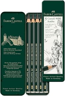 Faber-Castell 5 Piece Quality Castell 9000 Jumbo Graphite Pencils in a Tin, Including HB, 2B, 4B, 6B and 8B,Black