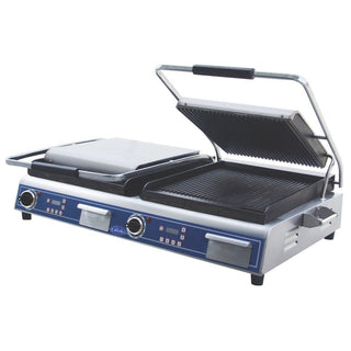 Deluxe Countertop Grooved Panini Double Grill by Globe – Stainless Steel, Stainless-steel, Model GPGDUE14D