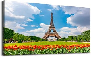 Wall Art Eiffel Tower and Tulips Champ de Mars | Unframed Canvas, Ready to Hang, Living Room Bedroom Bathroom Wall Decor 40" x 20"