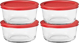SnugFitTM Round Food Storage Containers with Lids (4-Piece by Anchor Hocking – 4 Cup, 4.0 cups, Glass, Red, Pack of 4